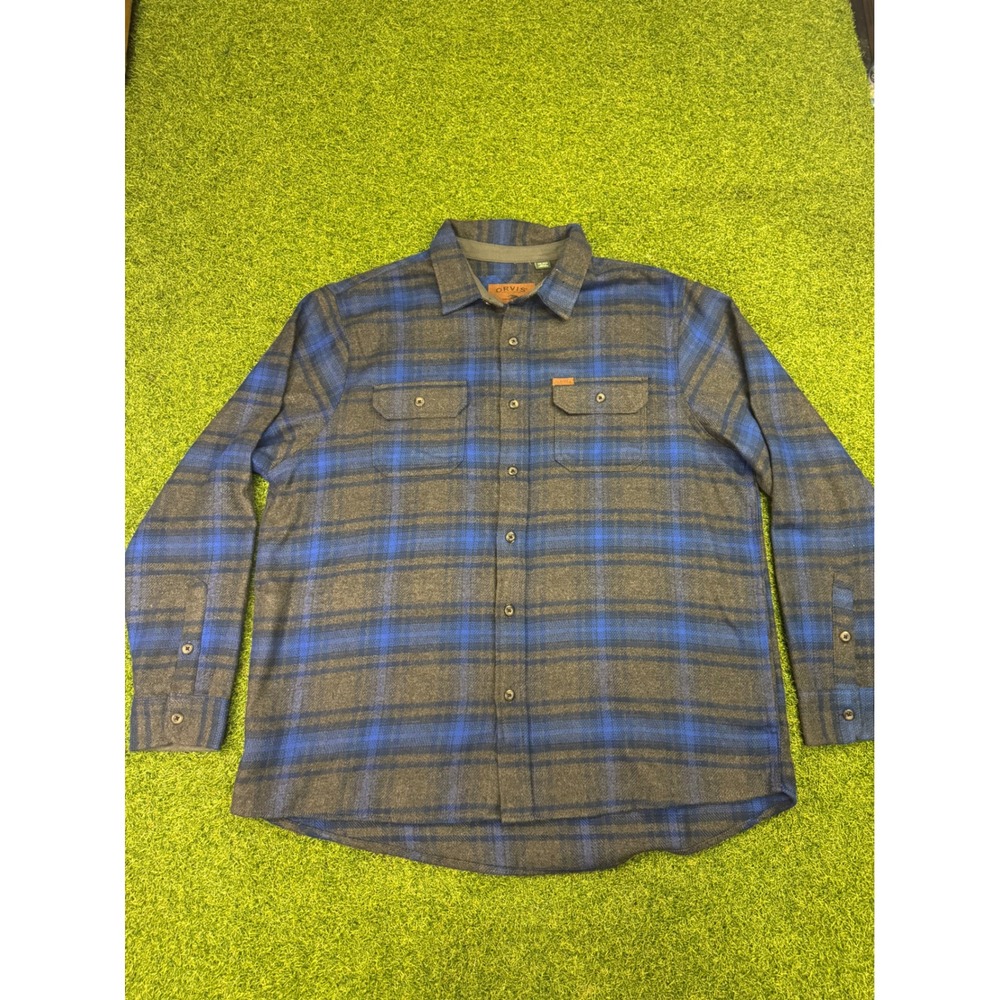 Orvis Mens XXL Plaid Flannel Button Down Shirt Blue Charcoal‎ Grey Long Sleeve